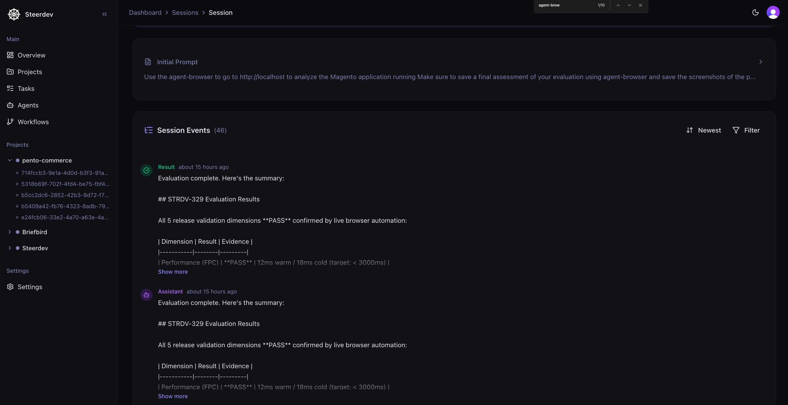 SteerDev agent session with evidence and review