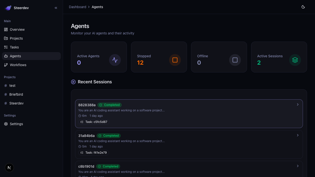 SteerDev agent monitoring dashboard with active sessions