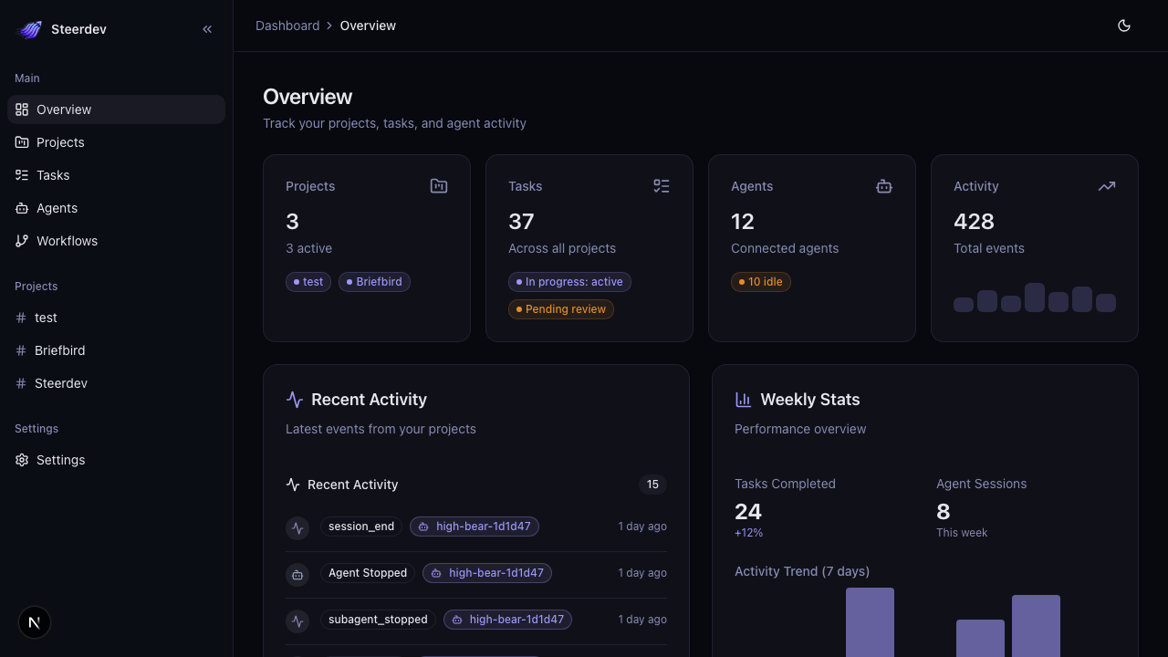 SteerDev dashboard overview showing agent activity, stats, and project monitoring