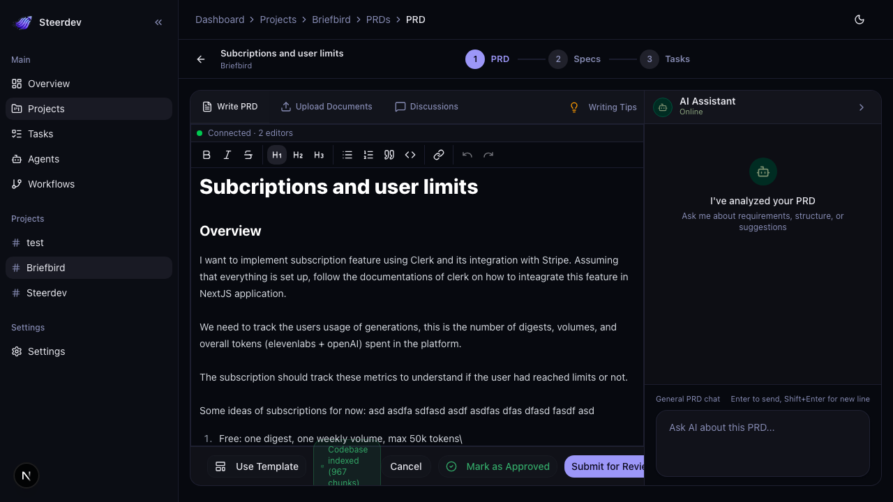 SteerDev PRD editor with rich text editing and AI assistant panel